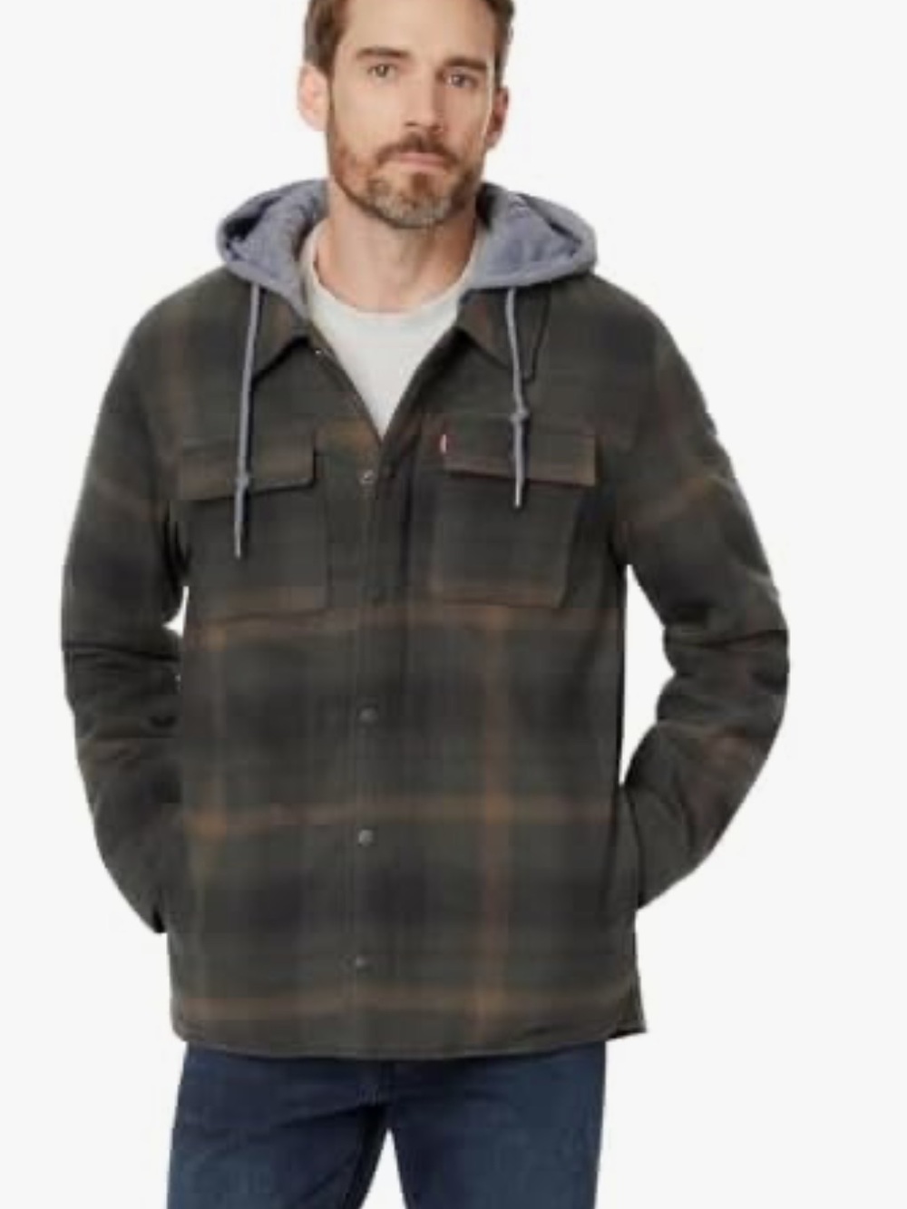 Levi's Dark Green Plaid Hooded Shirt Jacket Sherpa Lined